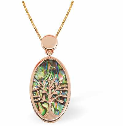 Bright Warm Rose Gold Coloured Paua Shell Embellished Oval Tree of Life Necklace by Byzantium