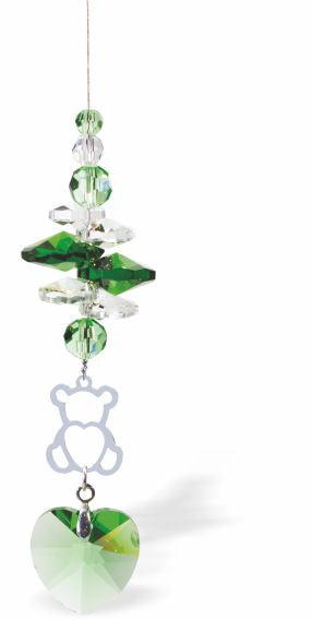 Austrian Crystal Suncatcher, Multi-faceted Crystals with Peridot Green Heart Crystal Drop and Rhodium Plated Teddy Bear Link Drop: 20cm from hanging loop to bottom (Approximate) Hang in the window or near a light source for full effect Loved by everyone, Suncatchers are a great gift for any occasion Brightens every space with reflected sunlight to instill calm and peace into a room