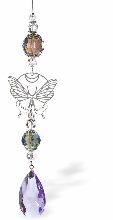 Austrian Crystal Suncatcher, Multi-faceted Crystals with Teardrop Crystal Drop and Rhodium Plated Butterfly Link Drop: 30cm from hanging loop to bottom (Approximate) Hang in the window or near a light source for full effect Loved by everyone, Suncatchers are a great gift for any occasion Brightens every space with reflected sunlight to instill calm and peace into a room