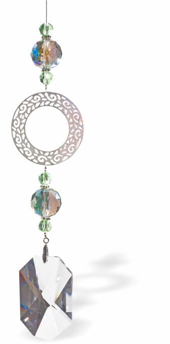 Austrian Crystal Suncatcher with Large Oblique Crystal Drop With Rhodium Plated Ornate Reath Link Drop: 36cm from hanging loop to bottom (Approximate) Hang in the window or near a light source for full effect Loved by everyone, Suncatchers are a great gift for any occasion Brightens every space with reflected sunlight to instill calm and peace into a room