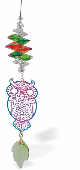 Austrian Crystal Suncatcher, Multi-faceted Multi-Coloured Crystals with Green Leaf Crystal Drop and Rhodium Plated Owl Link Drop: 28cm from hanging loop to bottom (Approximate) Hang in the window or near a light source for full effect Loved by everyone, Suncatchers are a great gift for any occasion Brightens every space with reflected sunlight to instill calm and peace into a room