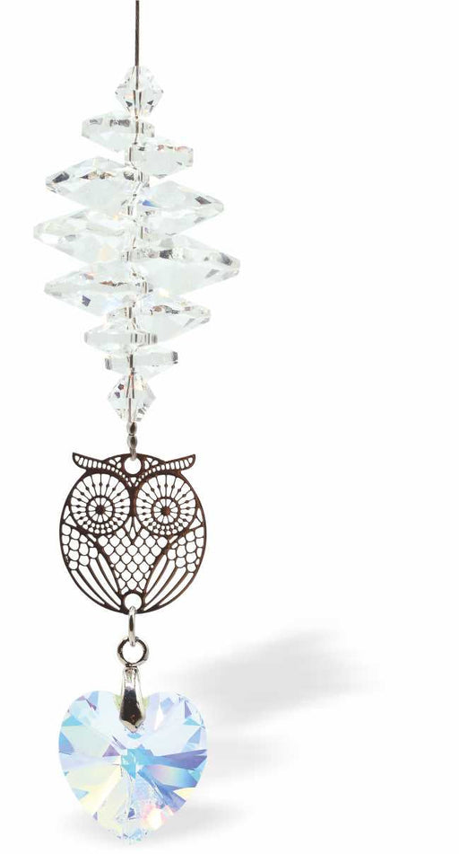 Sparkling Crystal Suncatcher by Byzantium with Multi Faceted Crystal completed with a Large Aurora Borealis Heart Drop and Cute Owl Embellishment