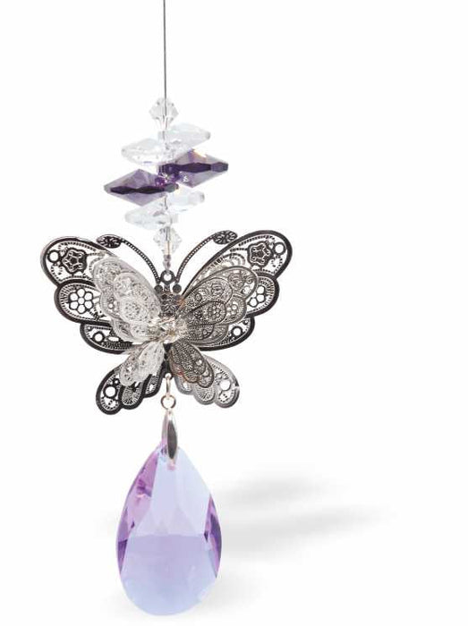 Austrian Crystal Suncatcher, Multi-faceted Crystals with Violet Purple Teardrop Crystal Drop and Butterfly Link