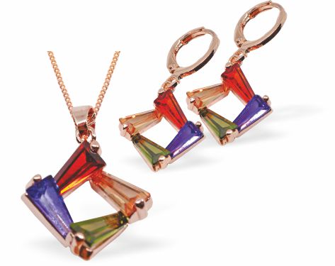 Rose Golden Set with Hoop Earrings and Necklace Multi-coloured Asymmetrical Square 20mm in size Hypoallergenic: Nickel, Lead and Cadmium Free