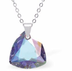 Austrian Crystal Multi Faceted Trilliant Cut Necklace Aurora Borealis in Colour 14.5mm in size Choice of 18" Stainless Steel or Sterling Silver Chain Hypo allergenic: Free from Lead, Nickel and Cadmium See matching earrings TR13