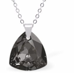 Austrian Crystal Multi Faceted Trilliant Cut Necklace Silver Night Grey in Colour 14.5mm in size Choice of 18" Stainless Steel or Sterling Silver Chain Hypo allergenic: Free from Lead, Nickel and Cadmium See matching earrings TR37 Delivered in a soft, black, velveteen pouch