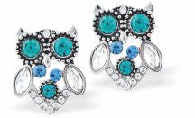 Designer Cute Owl Earrings in Turquoise Bluey/Green and Crystal, Rhodium Plated