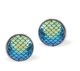 Paua Shell Round Rainbow Multi Tone Stud Earrings 12 mm in size  - 18" Chain Rhodium Plated, hypoallergenic Nickel, Lead and Cadmium free