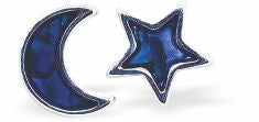Natural Paua Shell Moon & Star Stud Earrings, Rhodium Plated, 10mm in size